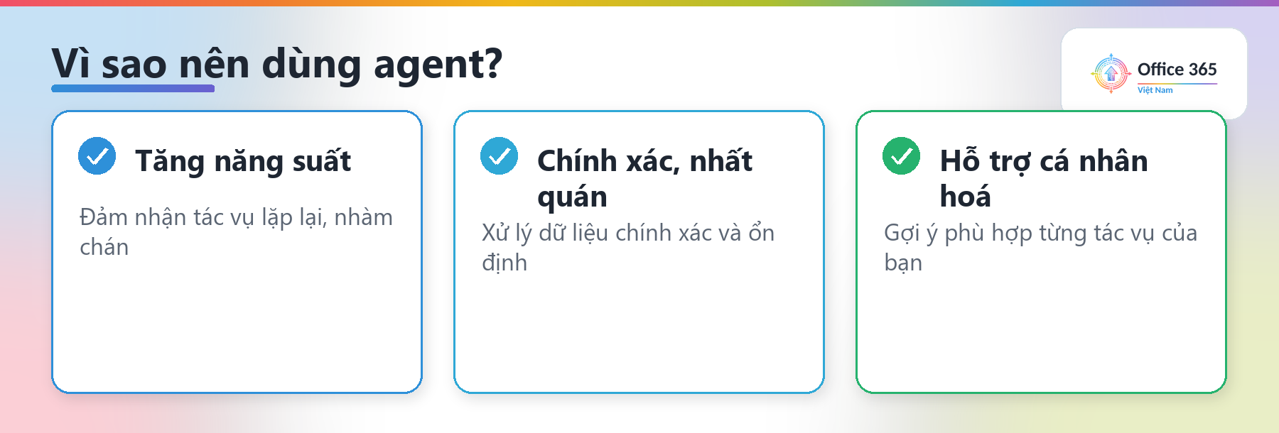 Ba lợi ích của agent: tăng năng suất, chính xác và nhất quán, hỗ trợ cá nhân hoá