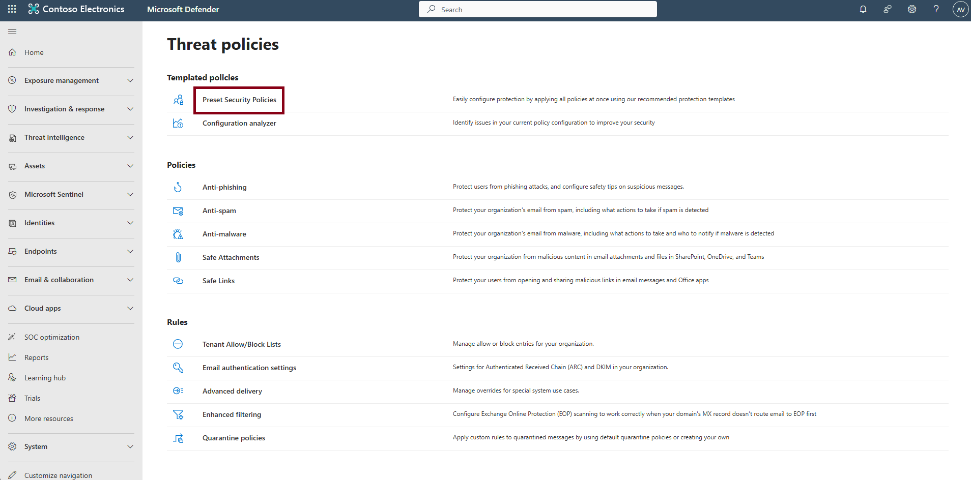 Preset Security Policies trong Threat policies để bật Safe Links và Safe Attachments