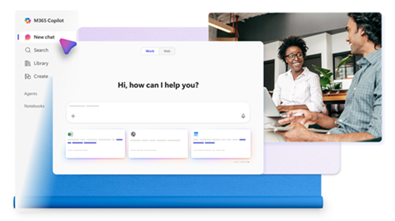 Giao diện Microsoft 365 Copilot Chat với ô nhập prompt và thanh điều hướng New chat, Search, Library, Create