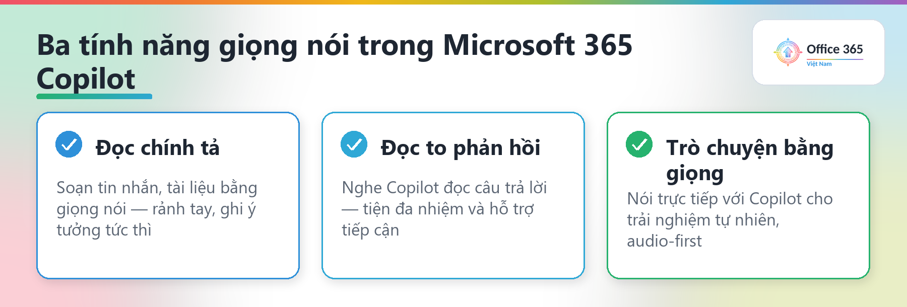 Ba tính năng giọng nói trong Microsoft 365 Copilot: đọc chính tả, đọc to, trò chuyện bằng giọng