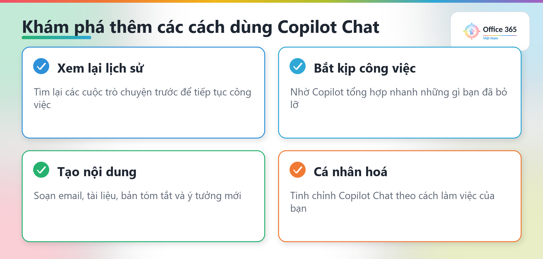 Các cách làm việc khác với Copilot Chat: xem lại lịch sử, bắt kịp công việc, tạo nội dung, cá nhân hoá