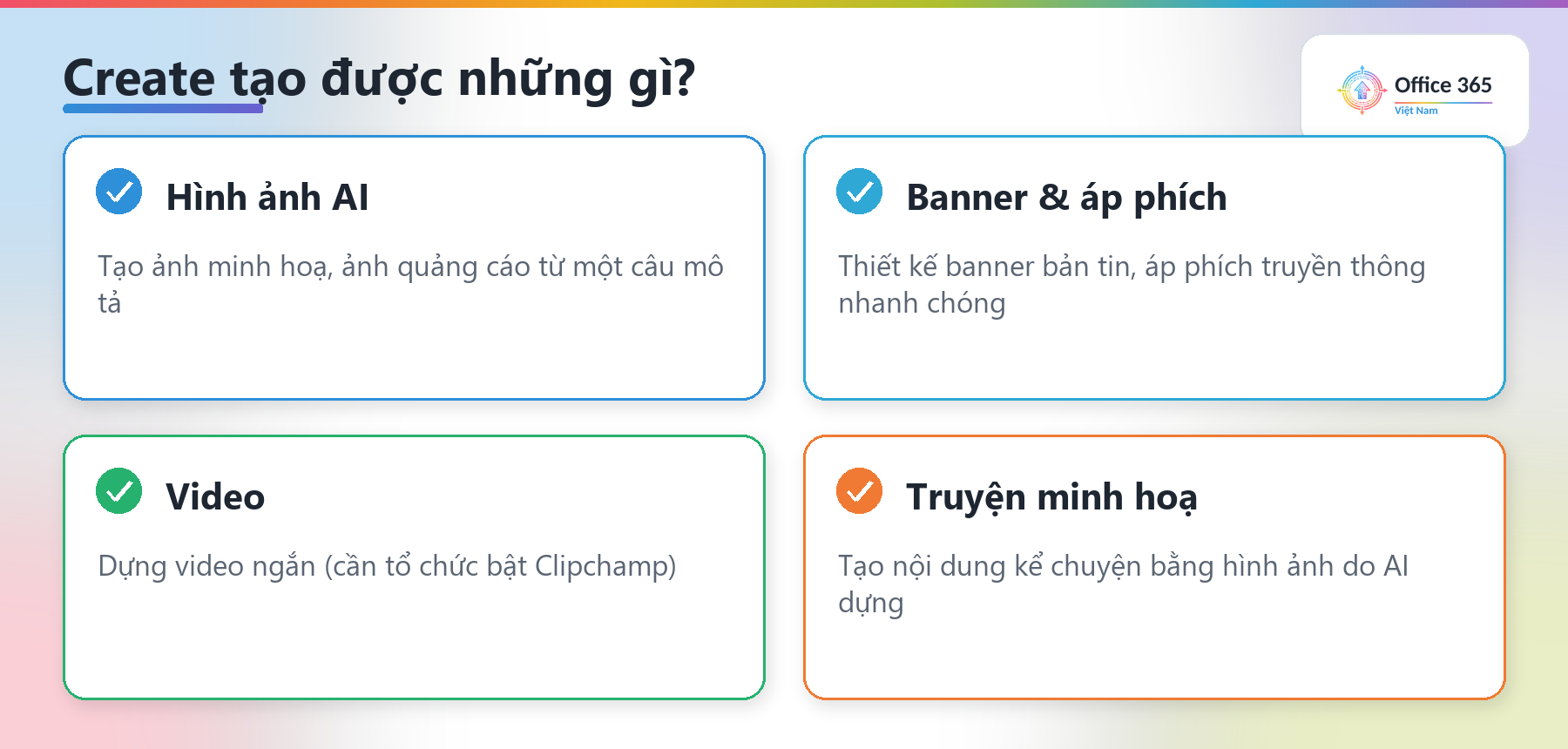 Các loại nội dung Create tạo được: hình ảnh, banner, áp phích, video, truyện minh hoạ