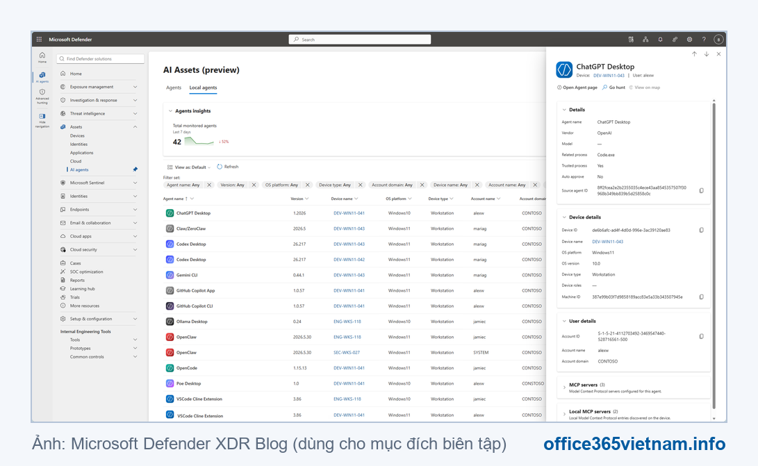 Kho AI Assets trong Microsoft Defender liệt kê các AI agent cục bộ