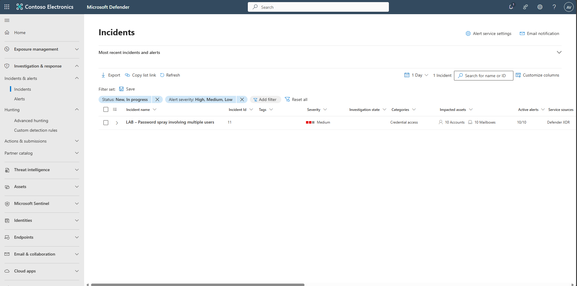 Điều tra alert password spray: incident mức Medium trong hàng đợi Microsoft Defender XDR