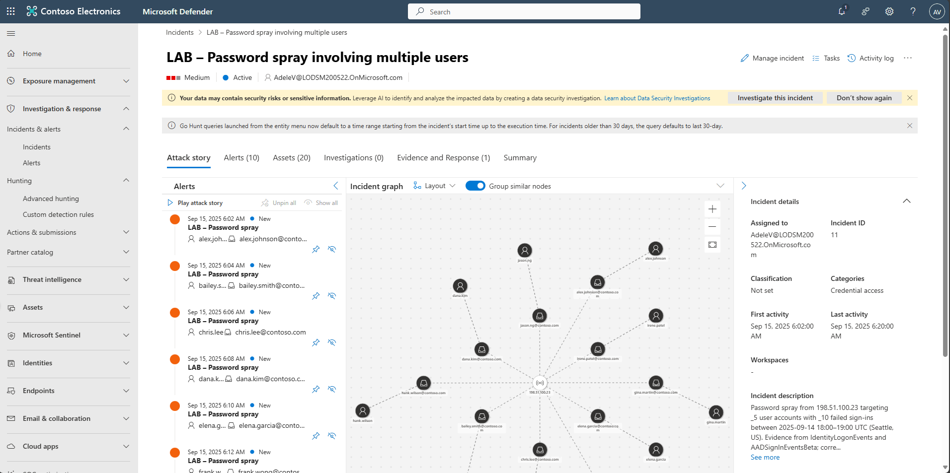 Attack Story và incident graph khi điều tra alert password spray trong Defender XDR