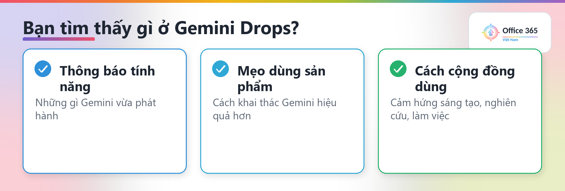 Ba thứ bạn tìm thấy ở Gemini Drops: thông báo tính năng, mẹo dùng sản phẩm, cách cộng đồng dùng Gemini