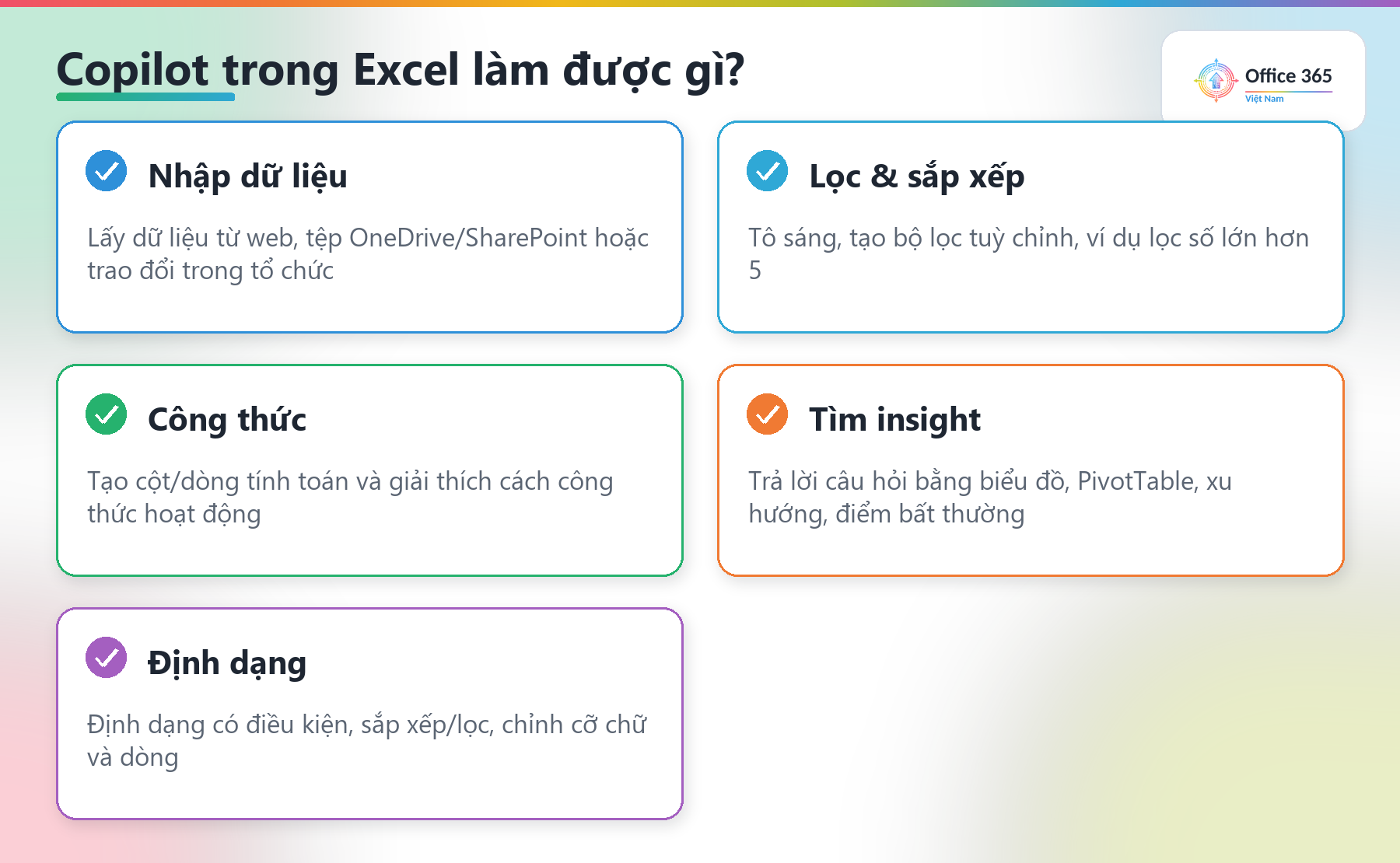 Năm việc Copilot trong Excel làm được: nhập dữ liệu, lọc, công thức, insight, định dạng
