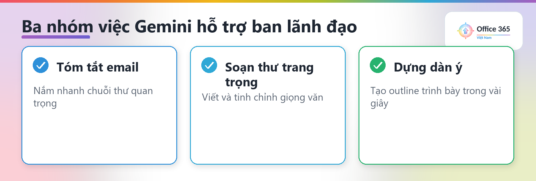 Ba việc Gemini hỗ trợ lãnh đạo: tóm tắt email, soạn thư trang trọng, dựng dàn ý