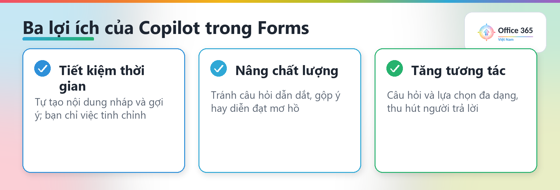 Ba lợi ích của Copilot trong Forms: tiết kiệm thời gian, nâng chất lượng, tăng tương tác