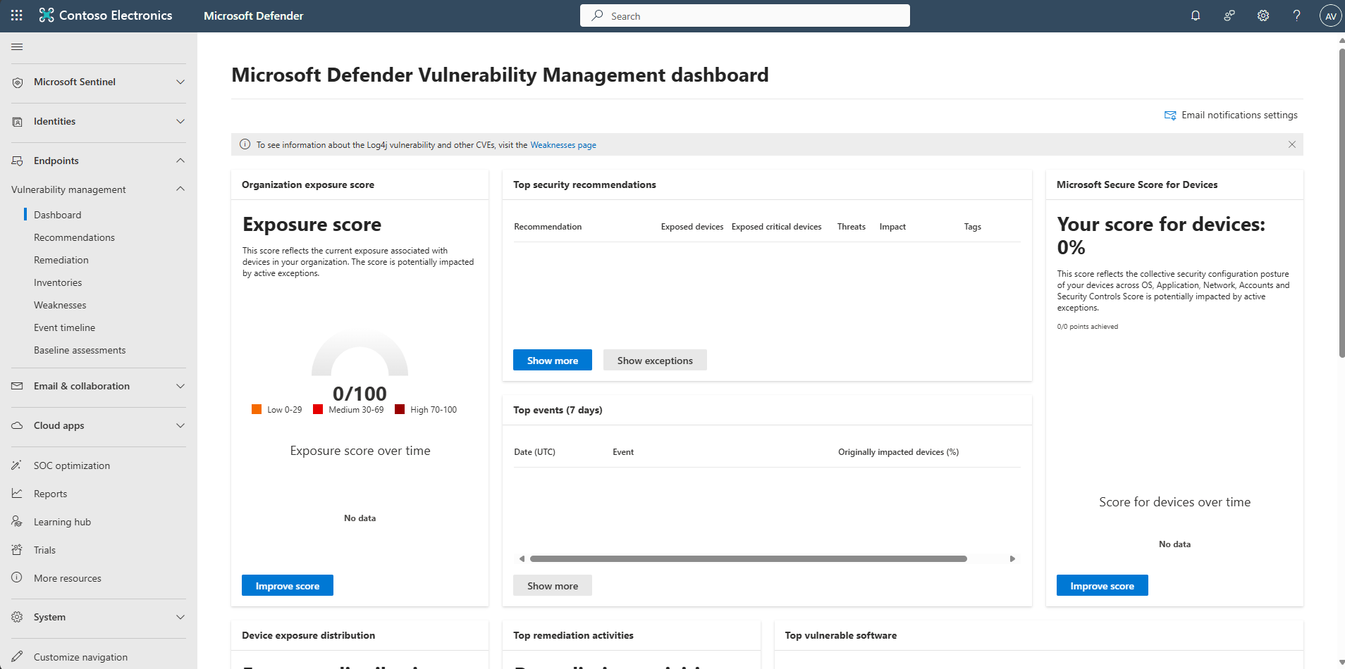 XDR health check: Microsoft Defender Vulnerability Management dashboard và exposure score