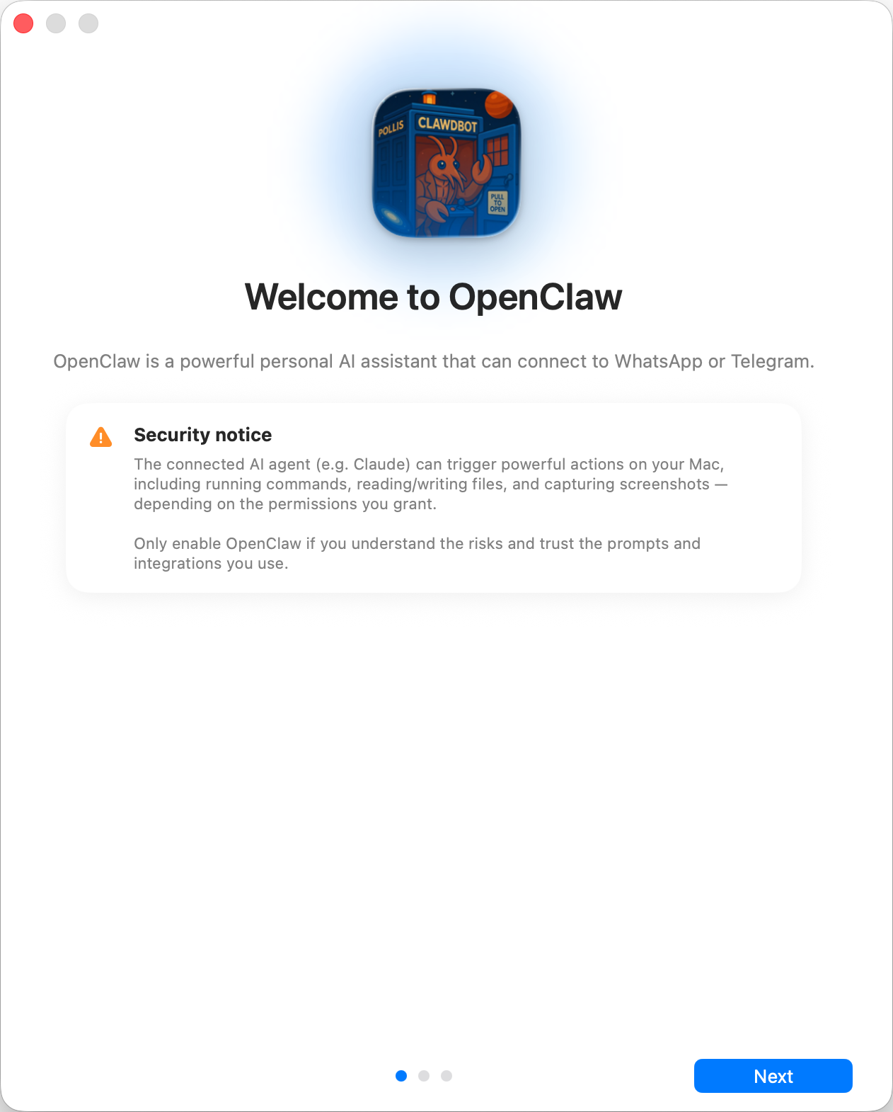 OpenClaw là gì - màn hình chào mừng và cảnh báo bảo mật của OpenClaw