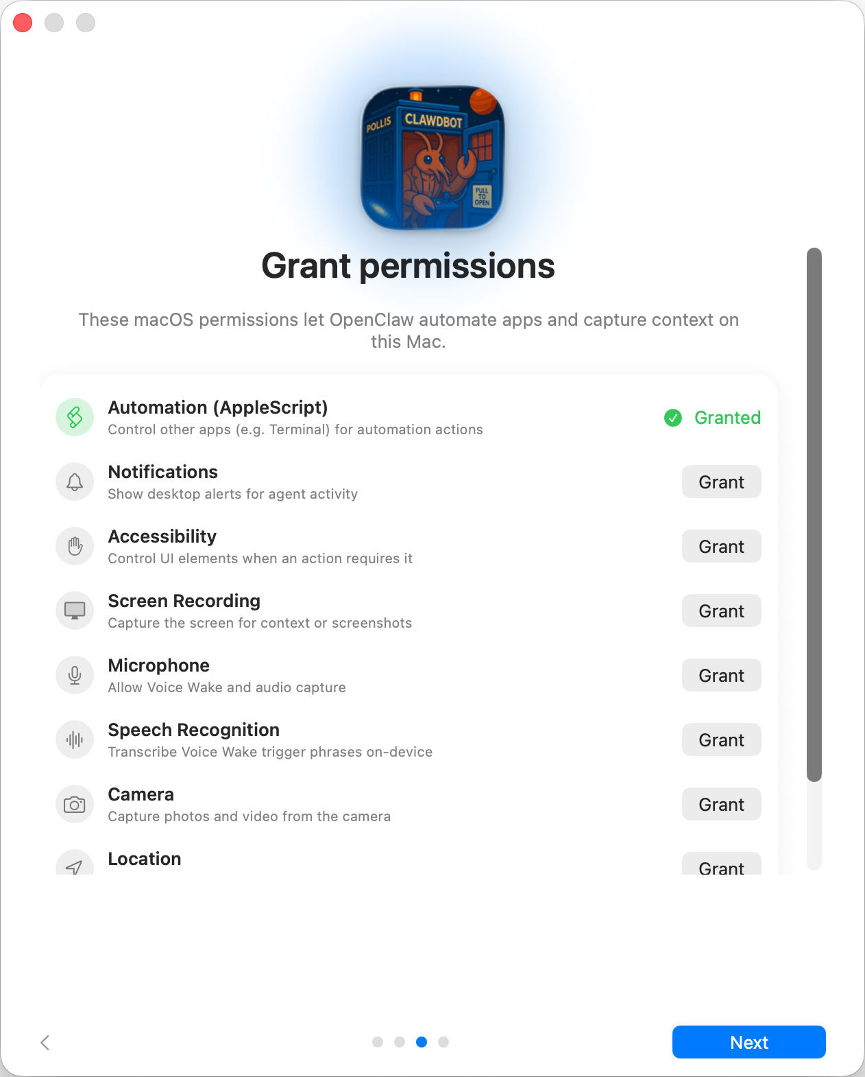Danh sách quyền cần cấp cho OpenClaw trên macOS