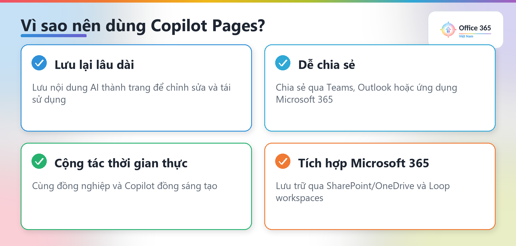 Ba lợi ích của Copilot Pages: lưu lại lâu dài, chia sẻ dễ dàng, cộng tác thời gian thực
