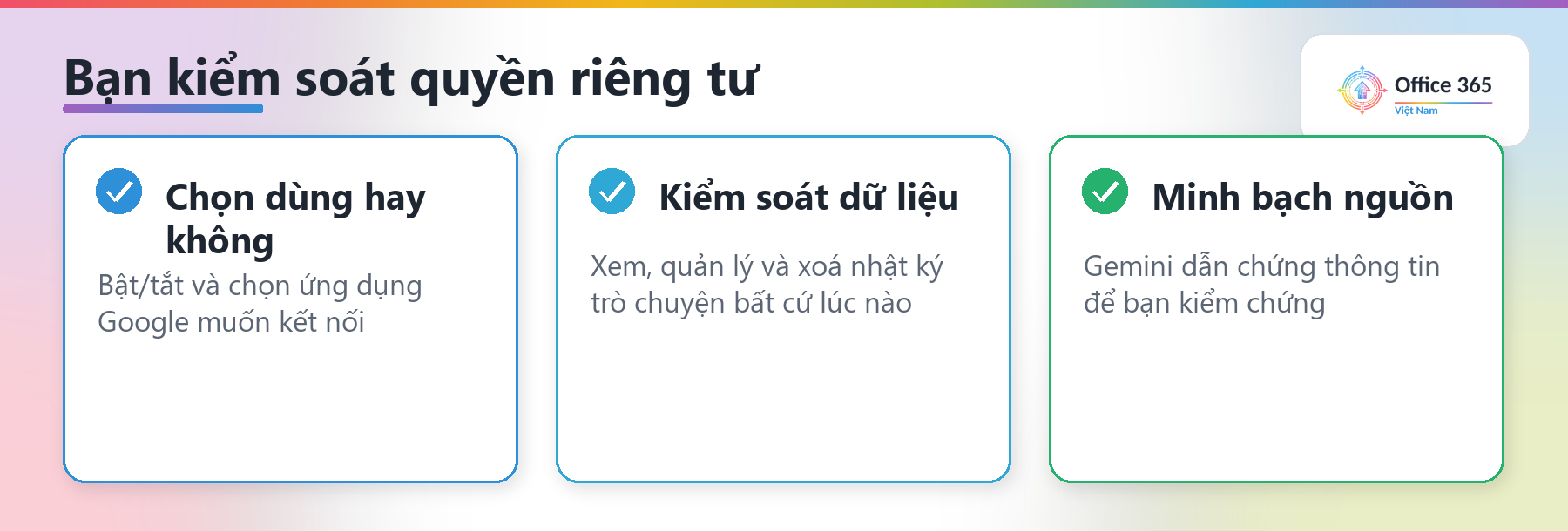 Ba cam kết về quyền riêng tư: bạn chọn dùng hay không, bạn kiểm soát dữ liệu, minh bạch nguồn