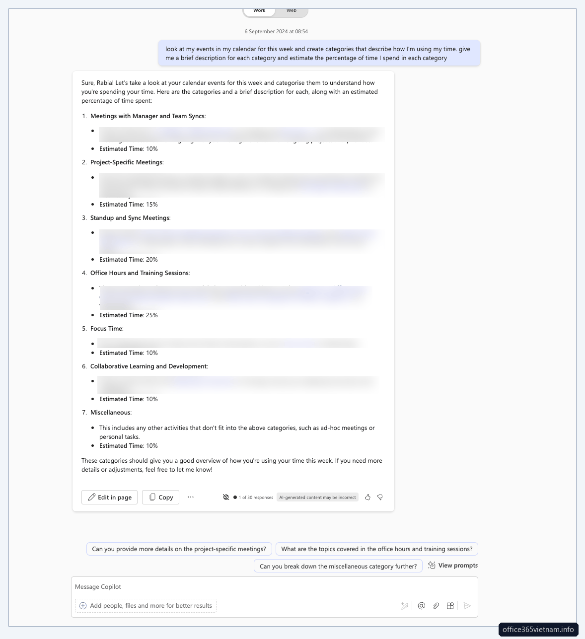 Prompt phân tích lịch tuần trong Microsoft 365 Copilot