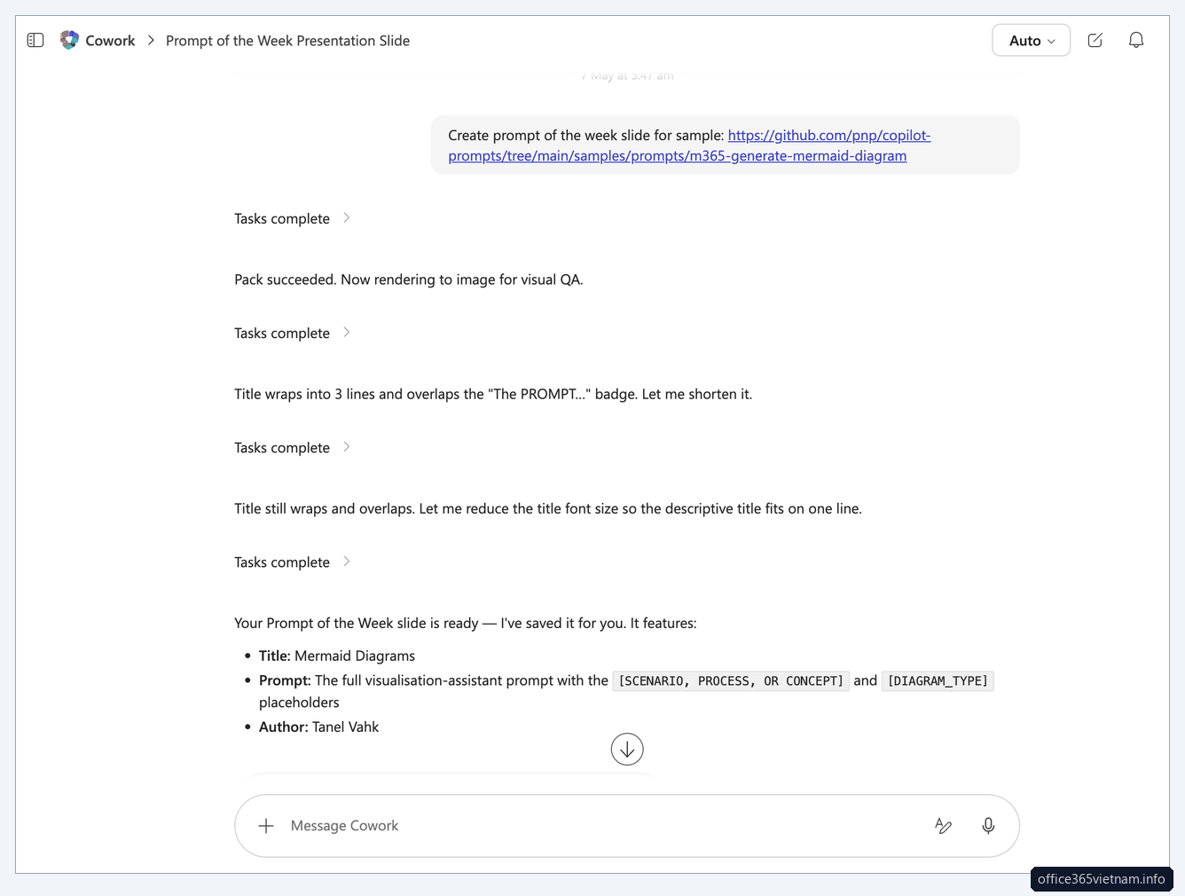 Copilot Cowork skill Prompt of the Week tạo slide PowerPoint