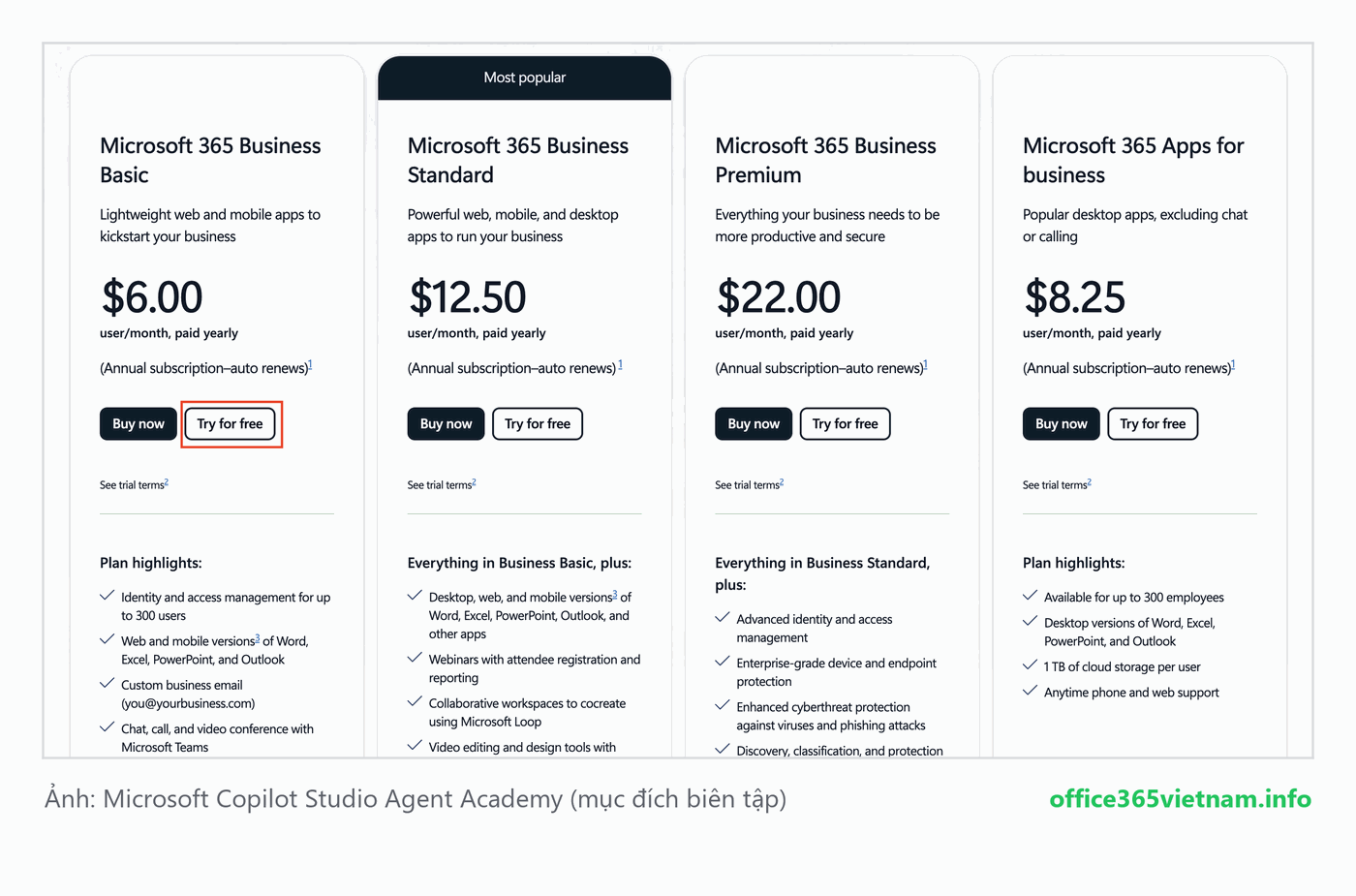 Chọn Try for free gói Microsoft 365 Business Basic để tạo tài khoản dùng Copilot Studio