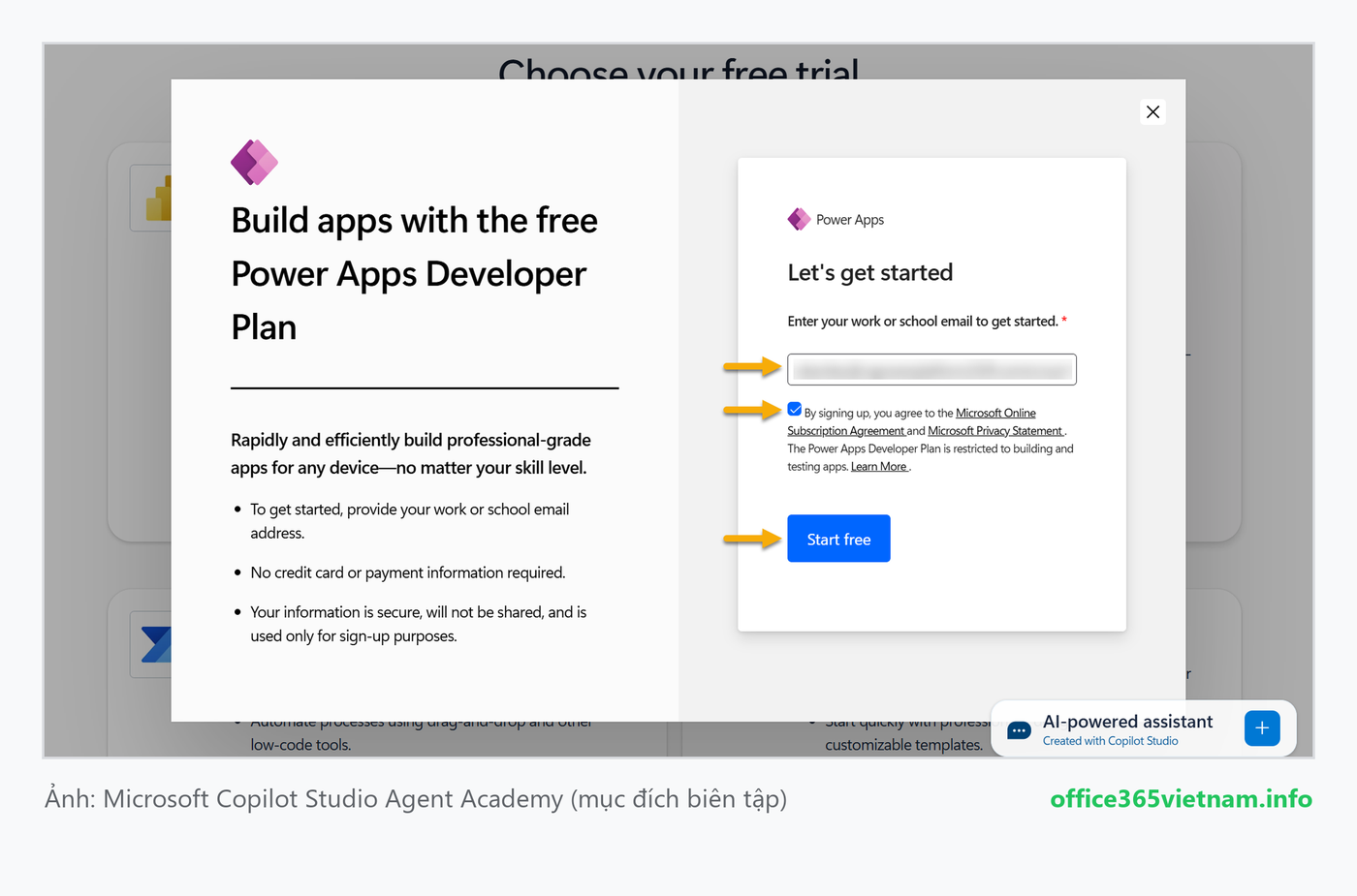 Đăng ký Power Apps Developer Plan miễn phí bằng email công việc rồi bấm Start free