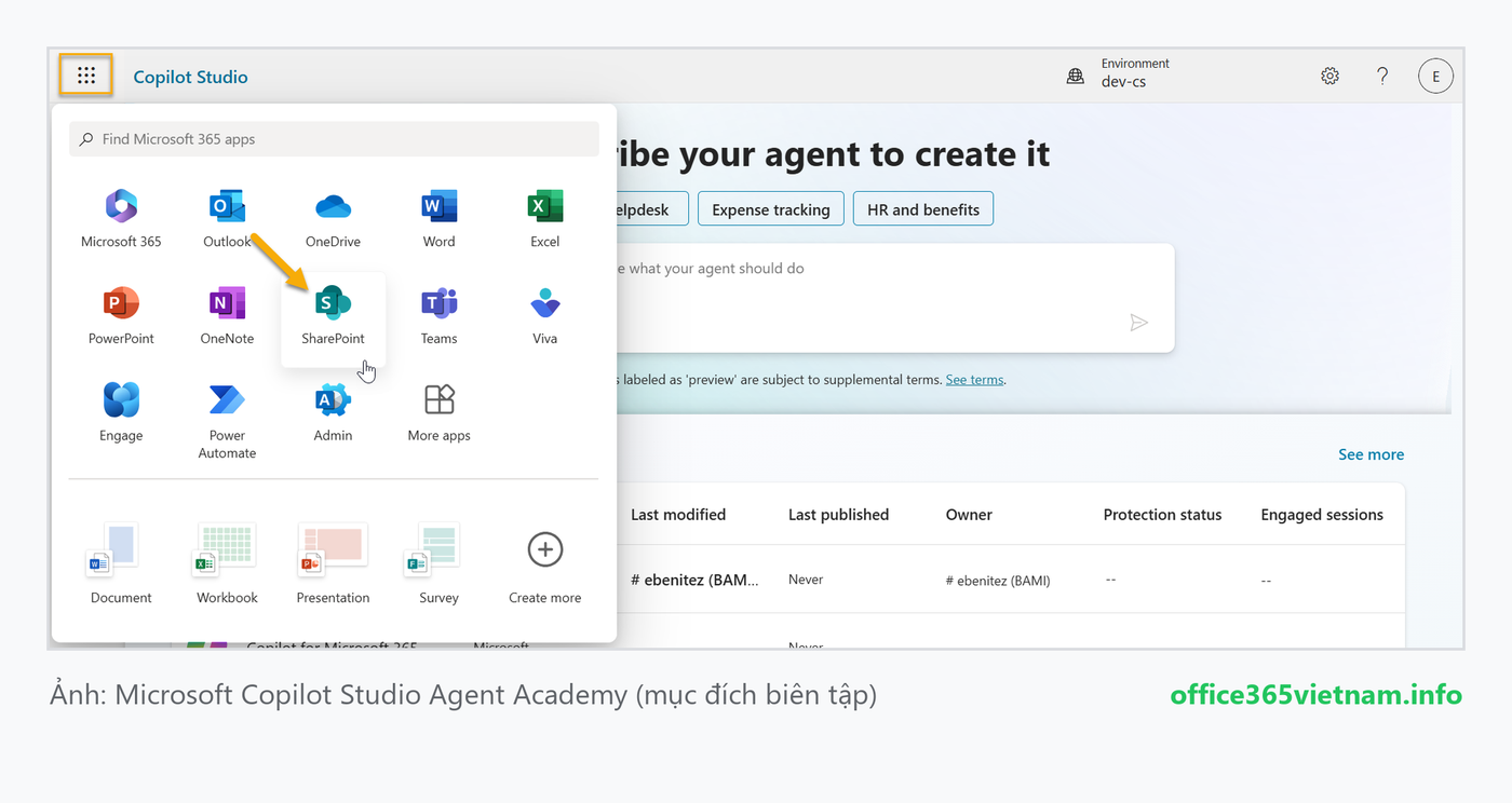 Mở menu waffle trong Copilot Studio và chọn SharePoint
