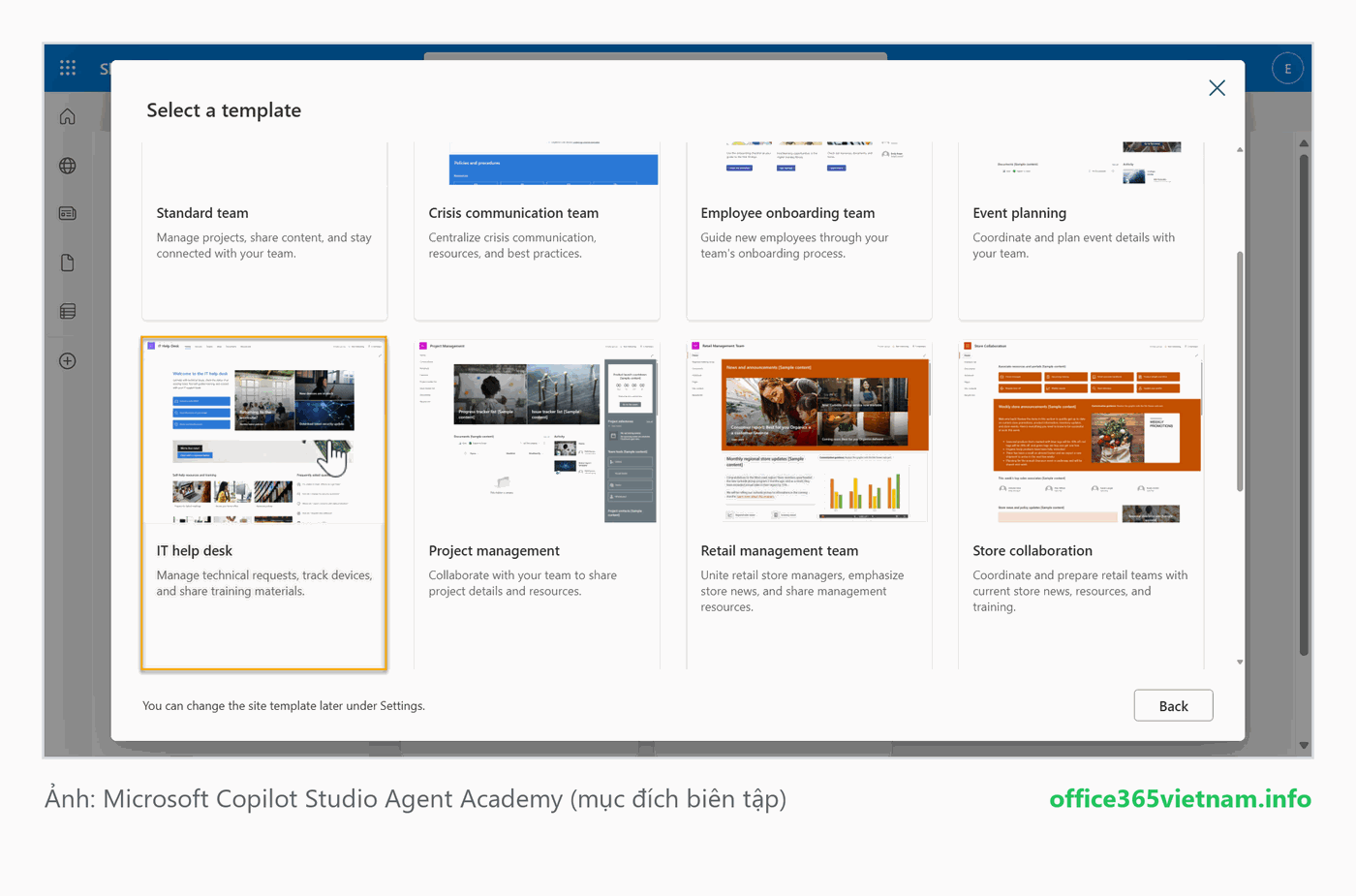 Chọn template IT help desk khi tạo site SharePoint mới