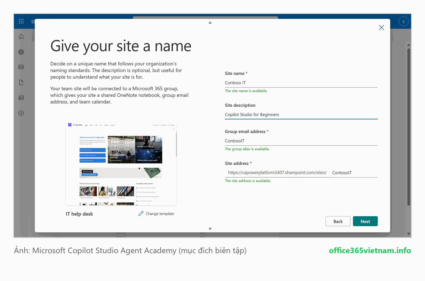 Điền tên site Contoso IT, mô tả và địa chỉ rồi bấm Next để tạo site SharePoint