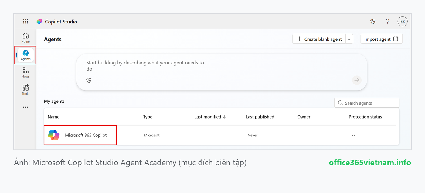 Mở mục Agents và chọn Microsoft 365 Copilot trong Copilot Studio