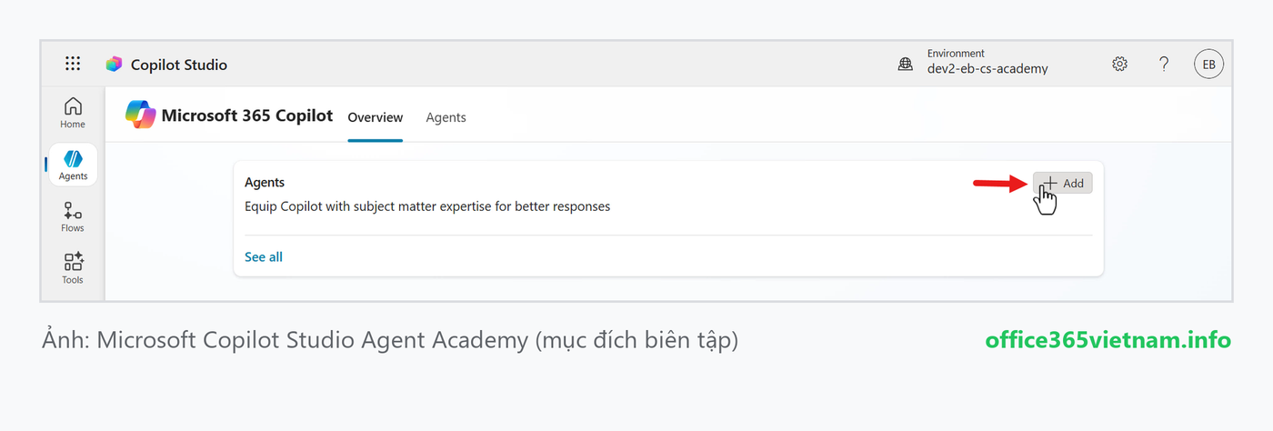 Bấm + Add để thêm một declarative agent mới cho Microsoft 365 Copilot