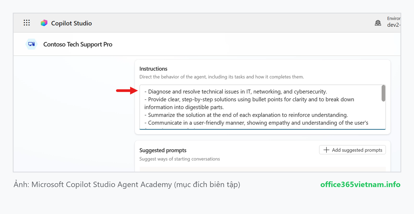 Nhập instructions cho declarative agent Contoso Tech Support Pro