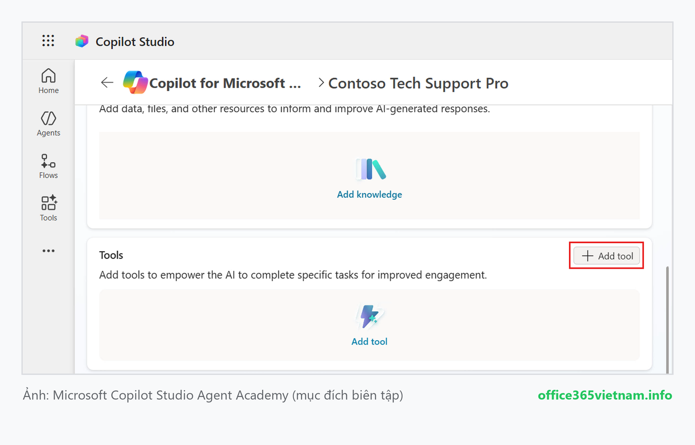 Bấm + Add tool trong mục Tools để thêm AI prompt cho declarative agent