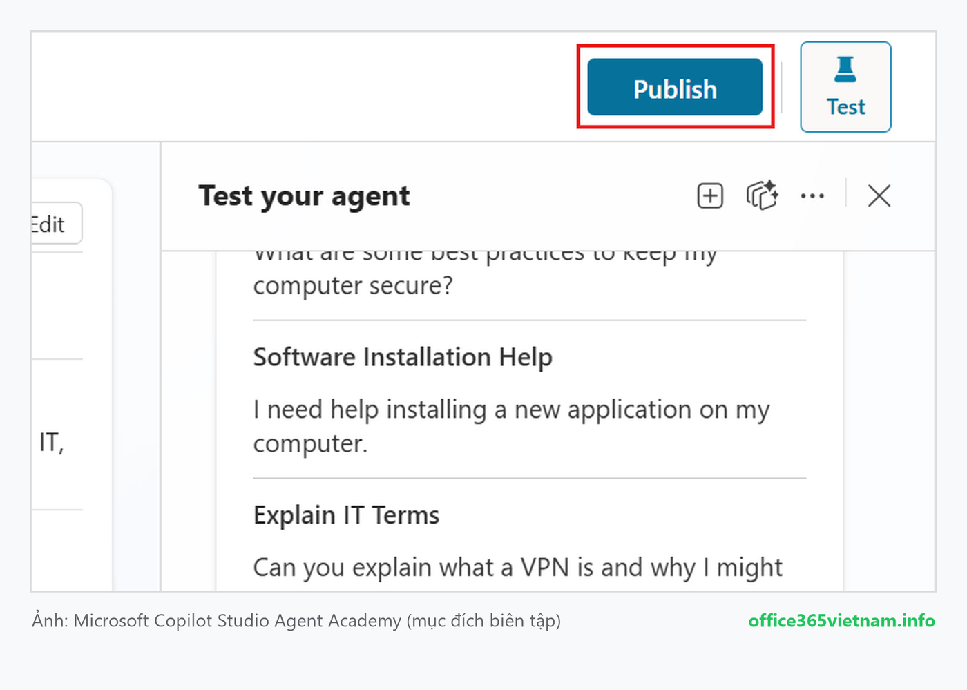 Bấm Publish để xuất bản declarative agent lên Microsoft 365 Copilot và Teams