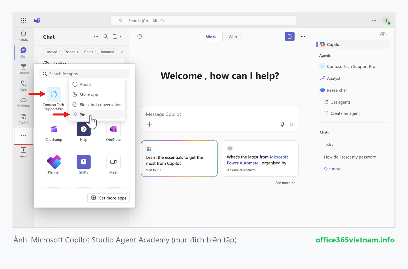 Declarative agent Contoso Tech Support Pro xuất hiện trong Microsoft Teams