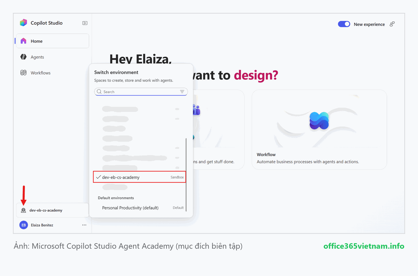 Chuyển sang môi trường developer bằng biểu tượng environment trong Copilot Studio