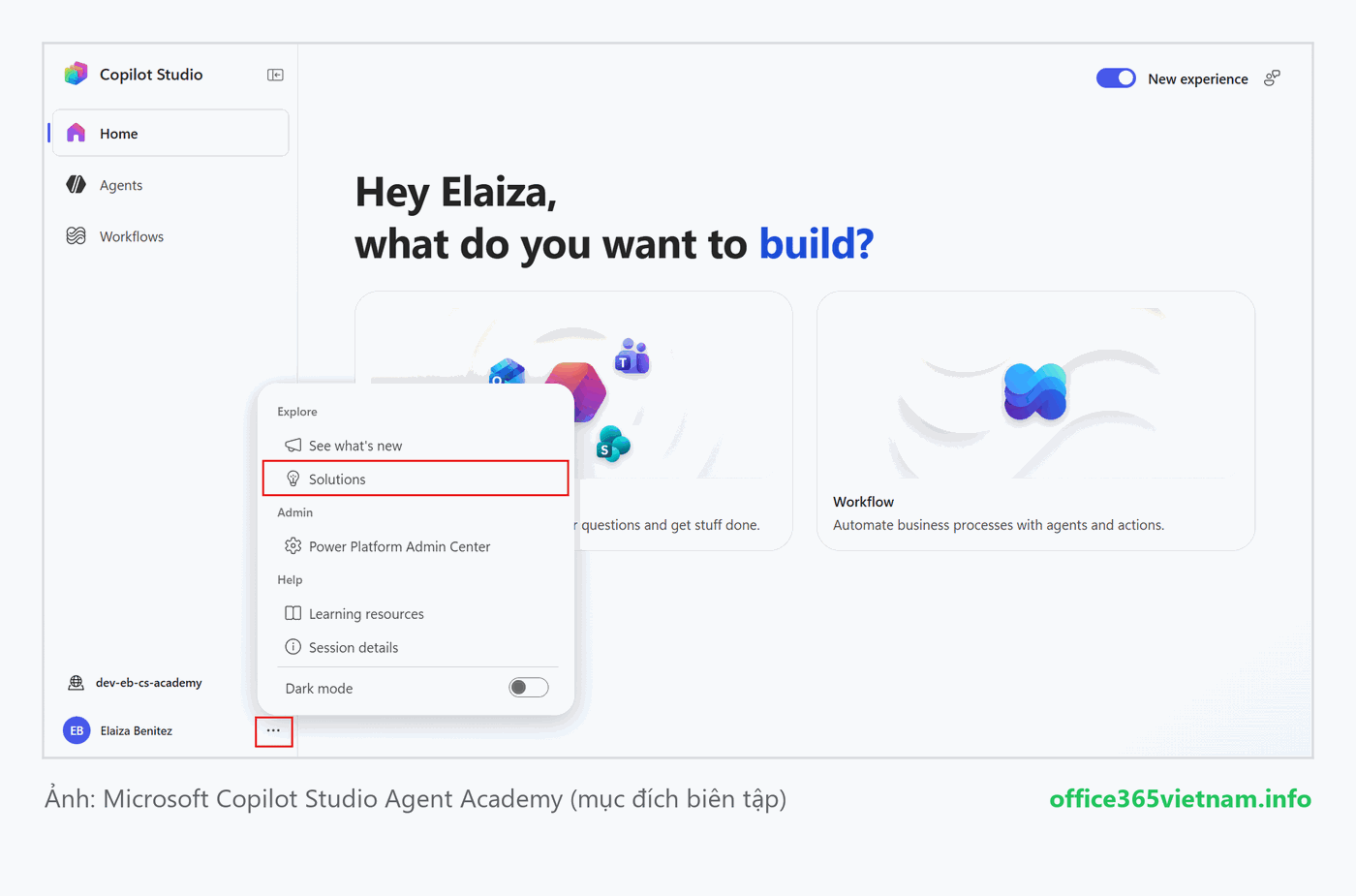 Mở menu dấu ba chấm và chọn Solutions trong Copilot Studio