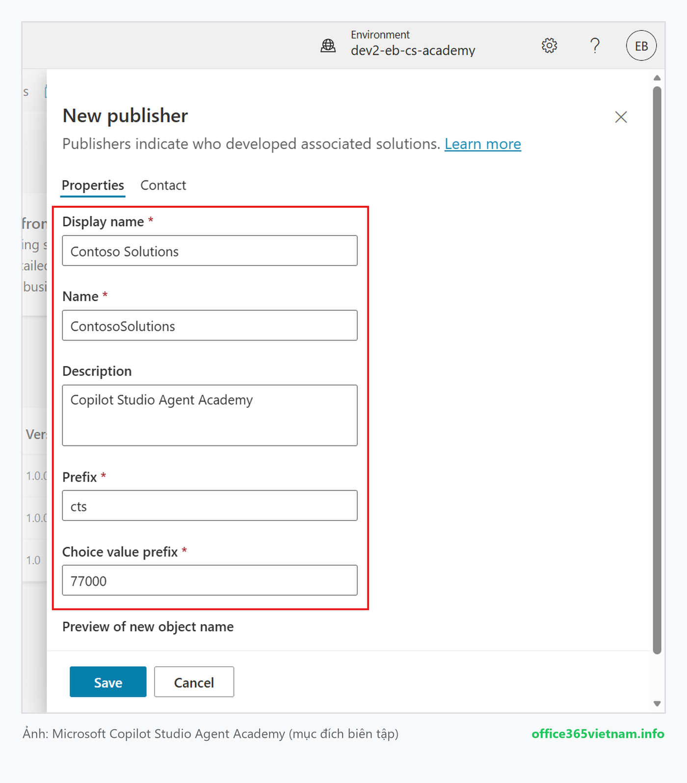 Điền thông tin publisher Contoso Solutions với prefix cts cho Solution