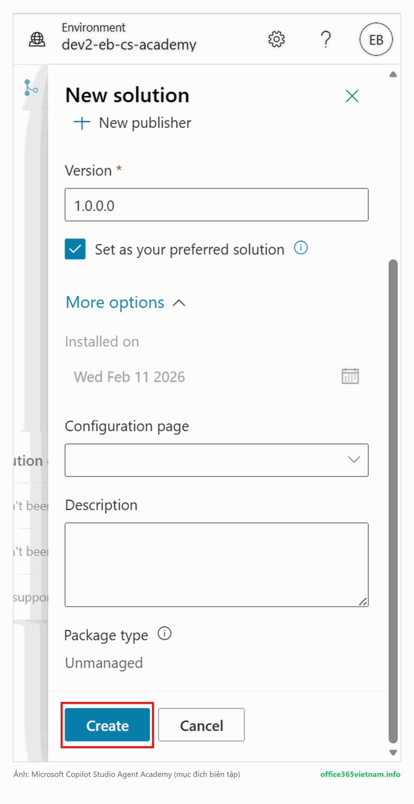 Bấm Create để tạo Solution mới và tích Set as your preferred solution
