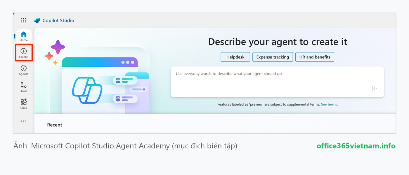 Bấm + Create để tạo pre-built agent trong Copilot Studio