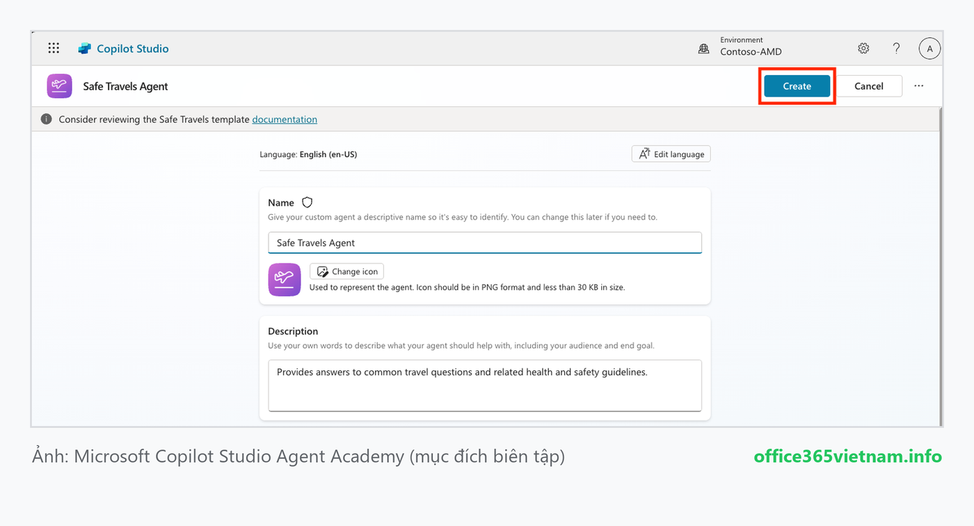 Xem mô tả, instructions và knowledge của template rồi bấm Create
