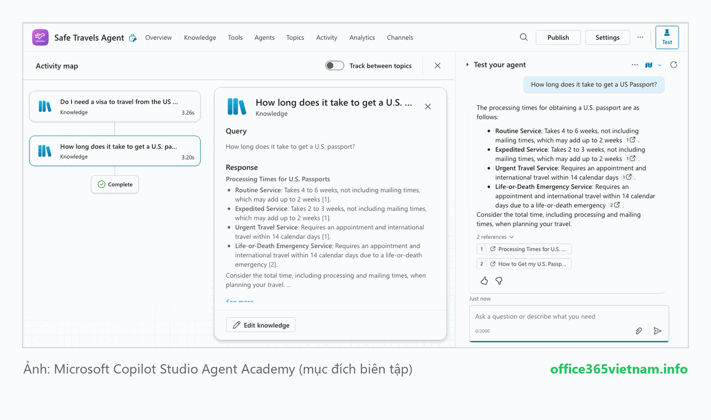 Test pre-built agent Safe Travels và xem Activity Map