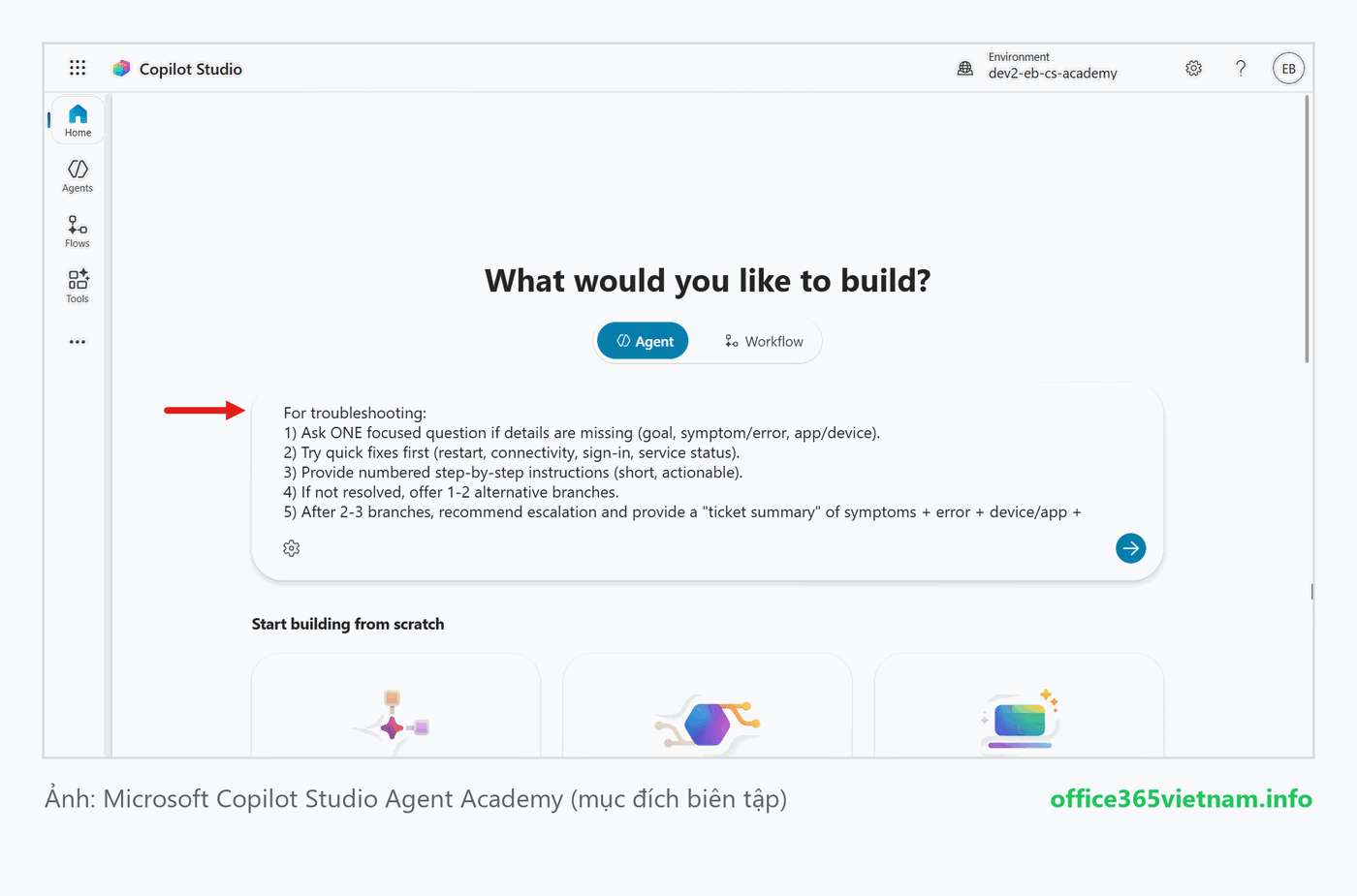 Nhập prompt mô tả custom agent IT Helpdesk trong Copilot Studio