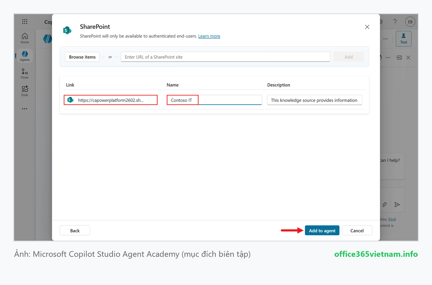 Thêm site SharePoint Contoso IT làm nguồn tri thức nội bộ