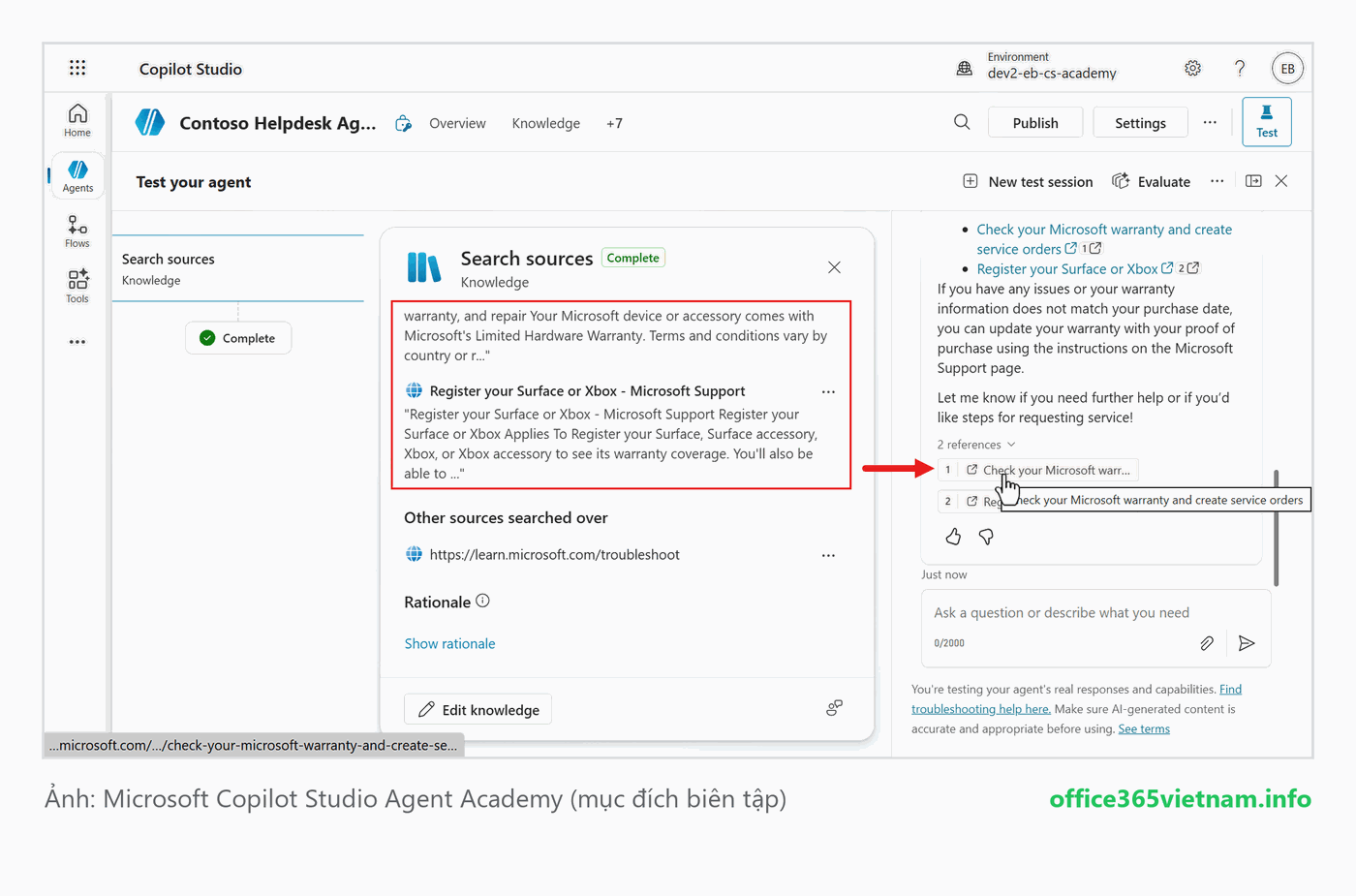 Câu trả lời của custom agent kèm references tới nguồn tri thức