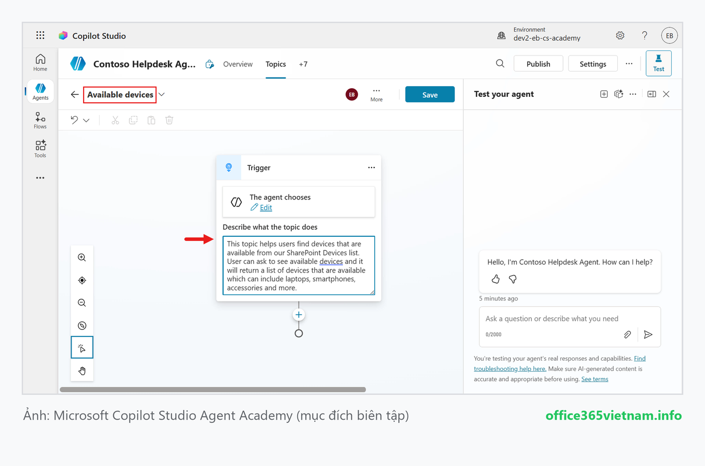 Đặt tên Topic Available devices và mô tả trigger