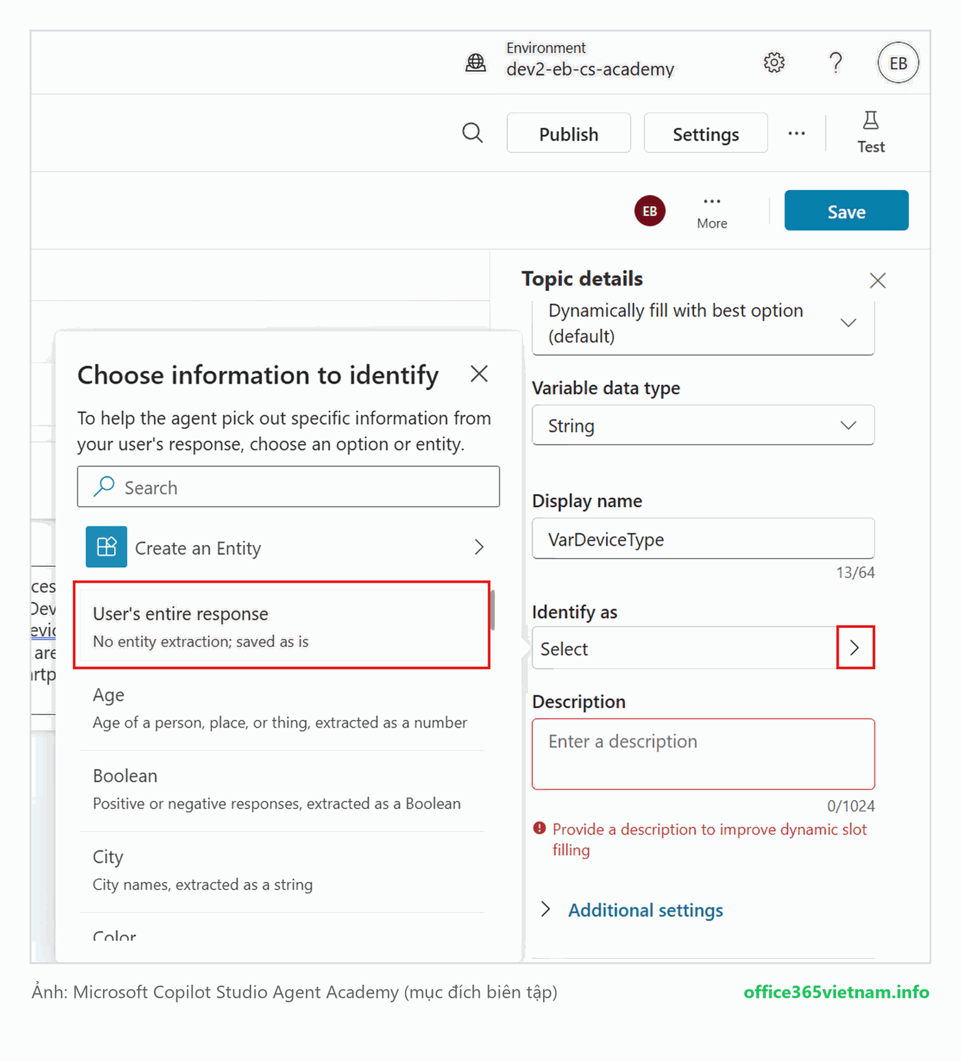 Cấu hình biến input VarDeviceType với Identify as User's entire response