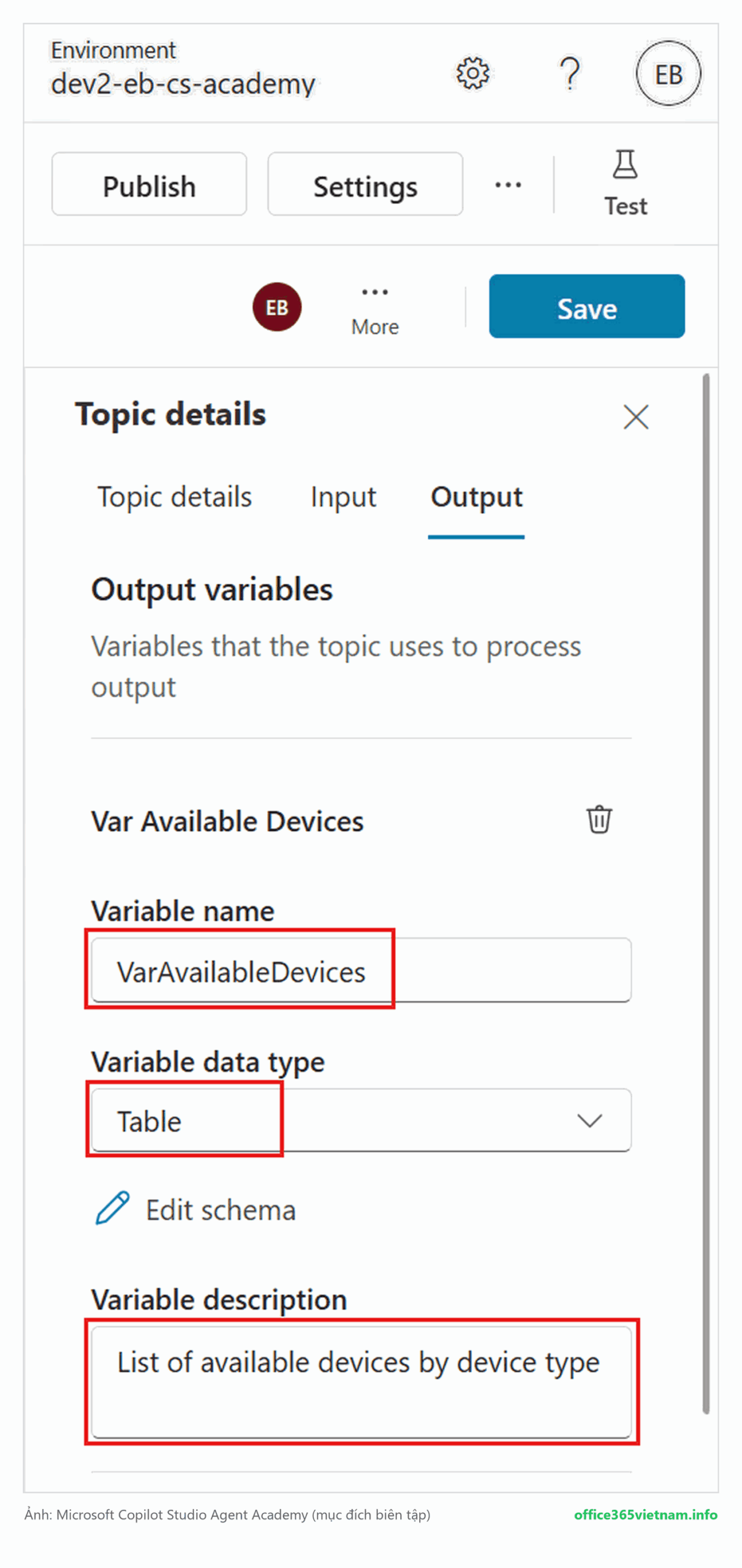 Tạo biến output VarAvailableDevices kiểu Table cho Topic