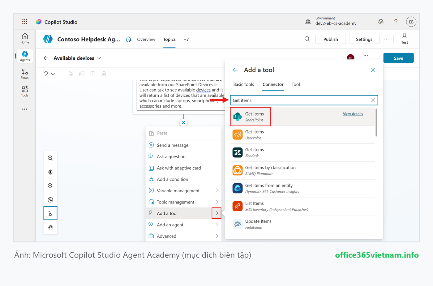 Thêm tool Get items của SharePoint connector vào Topic