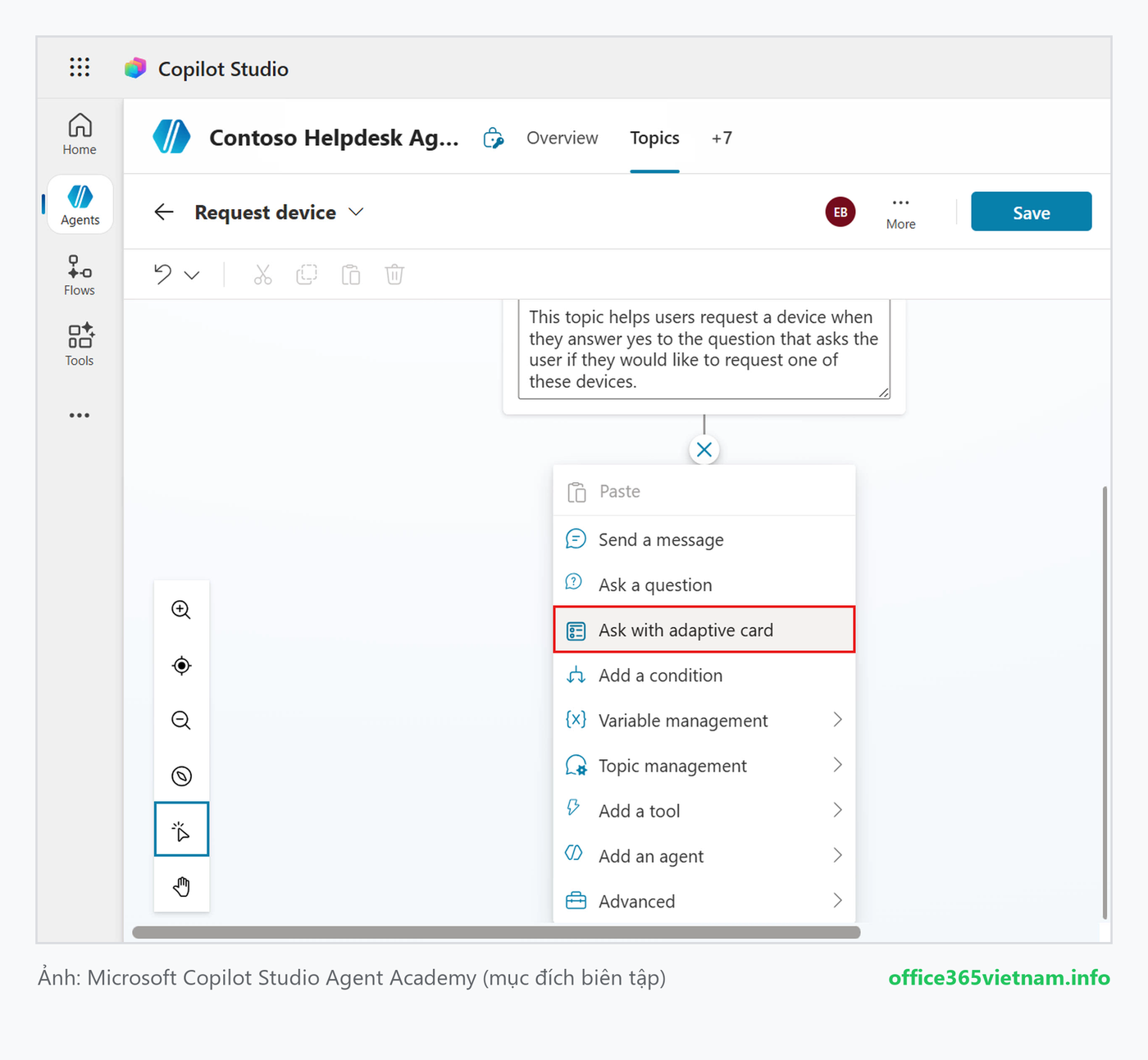 Thêm node Ask with adaptive card vào Topic