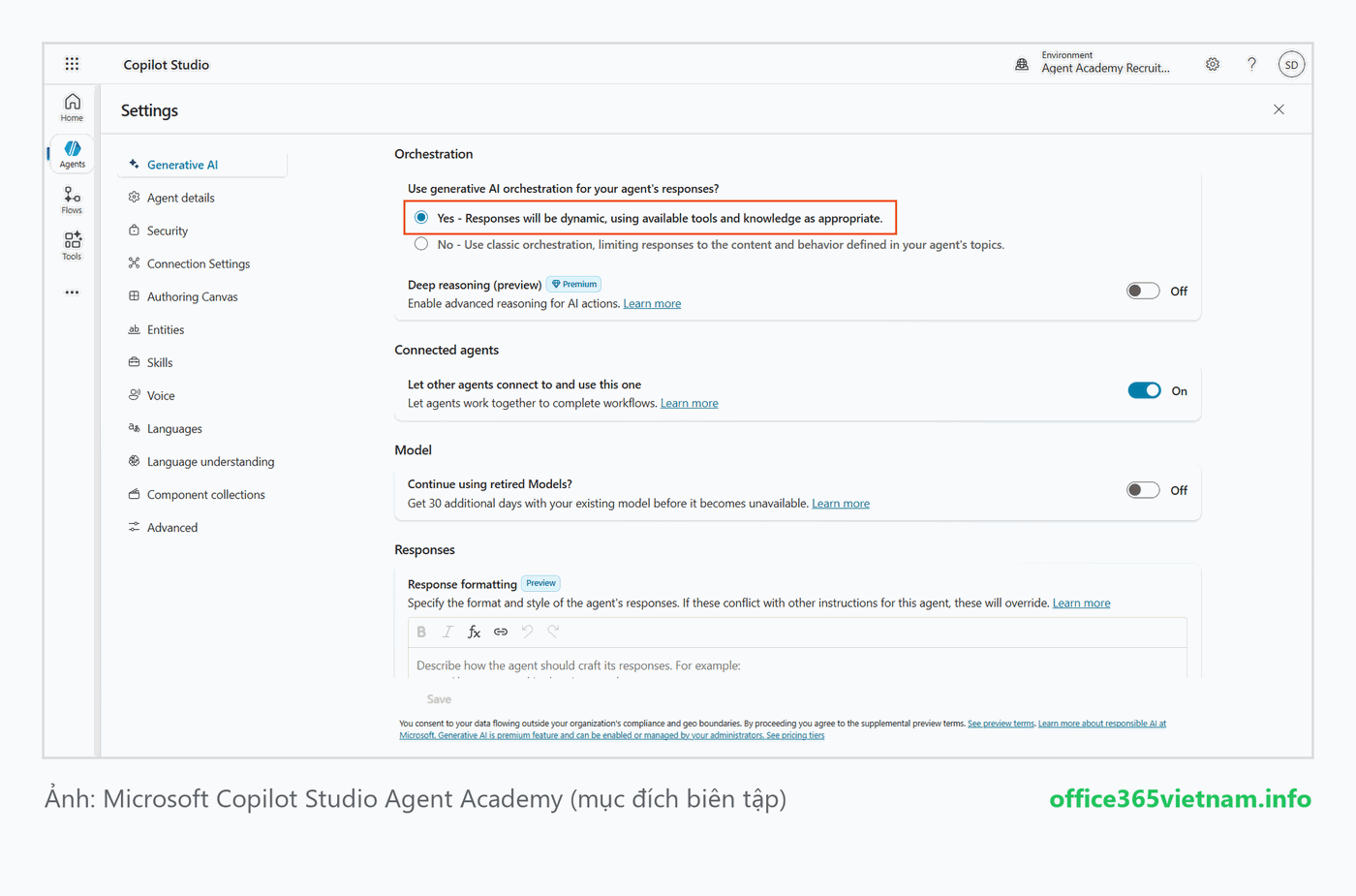 Bật Use generative AI orchestration cho agent trong Copilot Studio