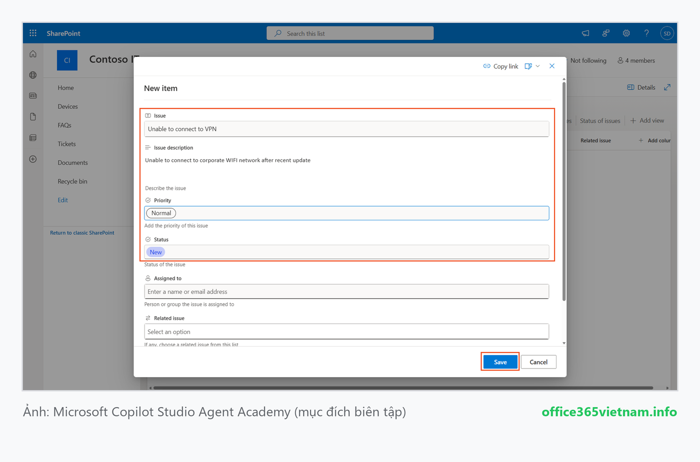 Tạo ticket thử trong SharePoint để kích hoạt Event Trigger