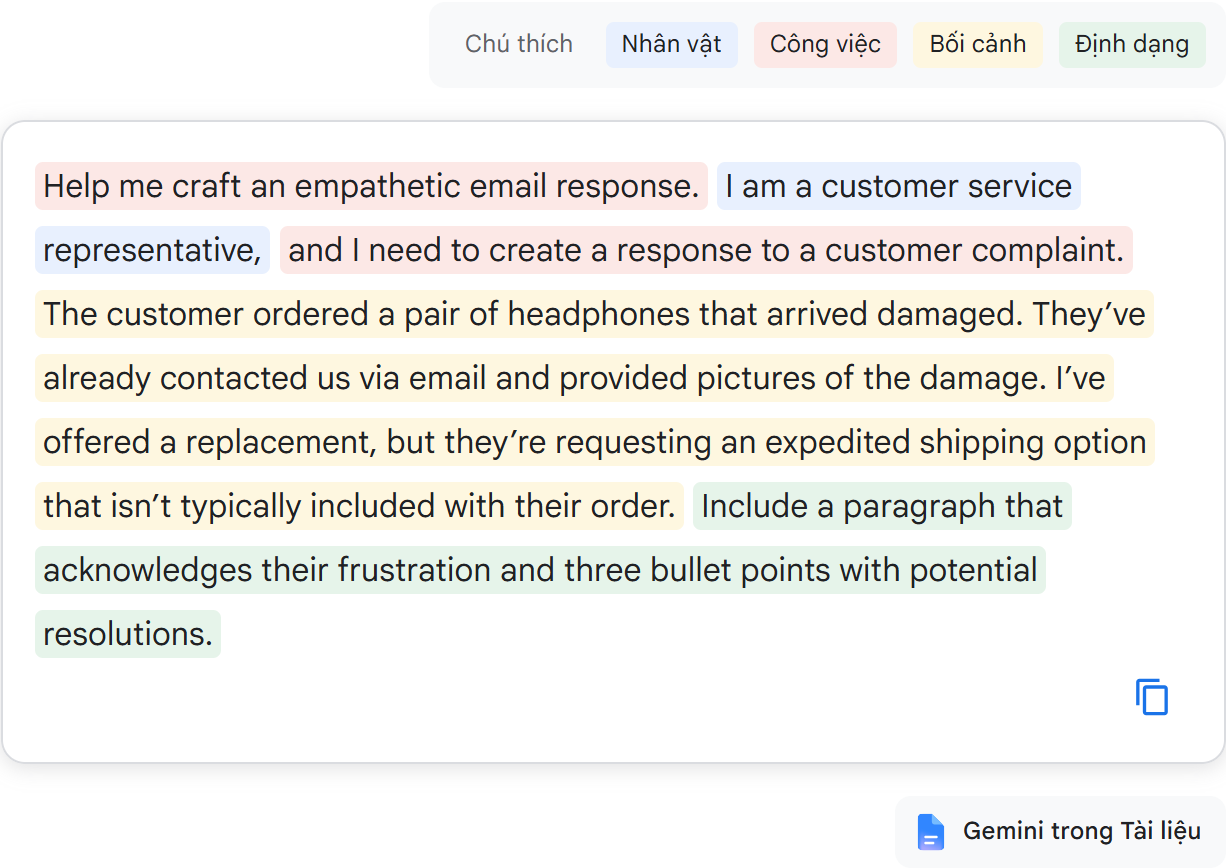 Ví dụ câu lệnh Gemini soạn email phản hồi khiếu nại khách hàng, tô màu theo vai trò