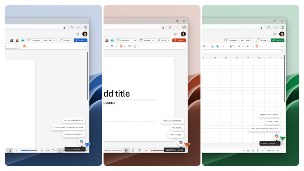 Điểm truy cập Copilot mới ở góc dưới bên phải trong Word, PowerPoint và Excel kèm gợi ý thông minh
